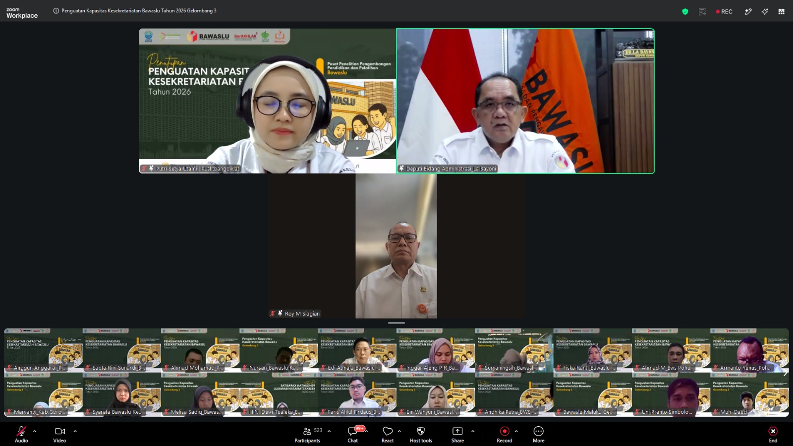 Deputi Bidang Administrasi Bawaslu, La Bayoni, saat menutup Program Penguatan Kapasitas Kesekretariatan Bawaslu Gelombang I hingga III Tahun 2026 secara daring, Rabu (8/7/2026).
