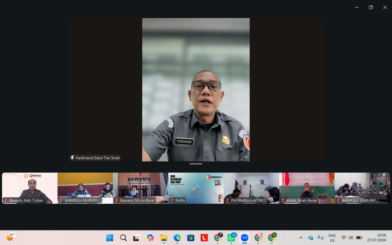 Sekretaris Jenderal Bawaslu Ferdinand Eskol Tiar Sirait saat memberikan arahan pada Rapat Pembinaan dan Evaluasi secara daring, Senin (27/7/2026).